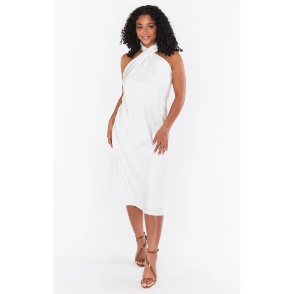 Show Me Your Mumu Jasmine Halter Midi Dress Ivory Luxe Satin M
